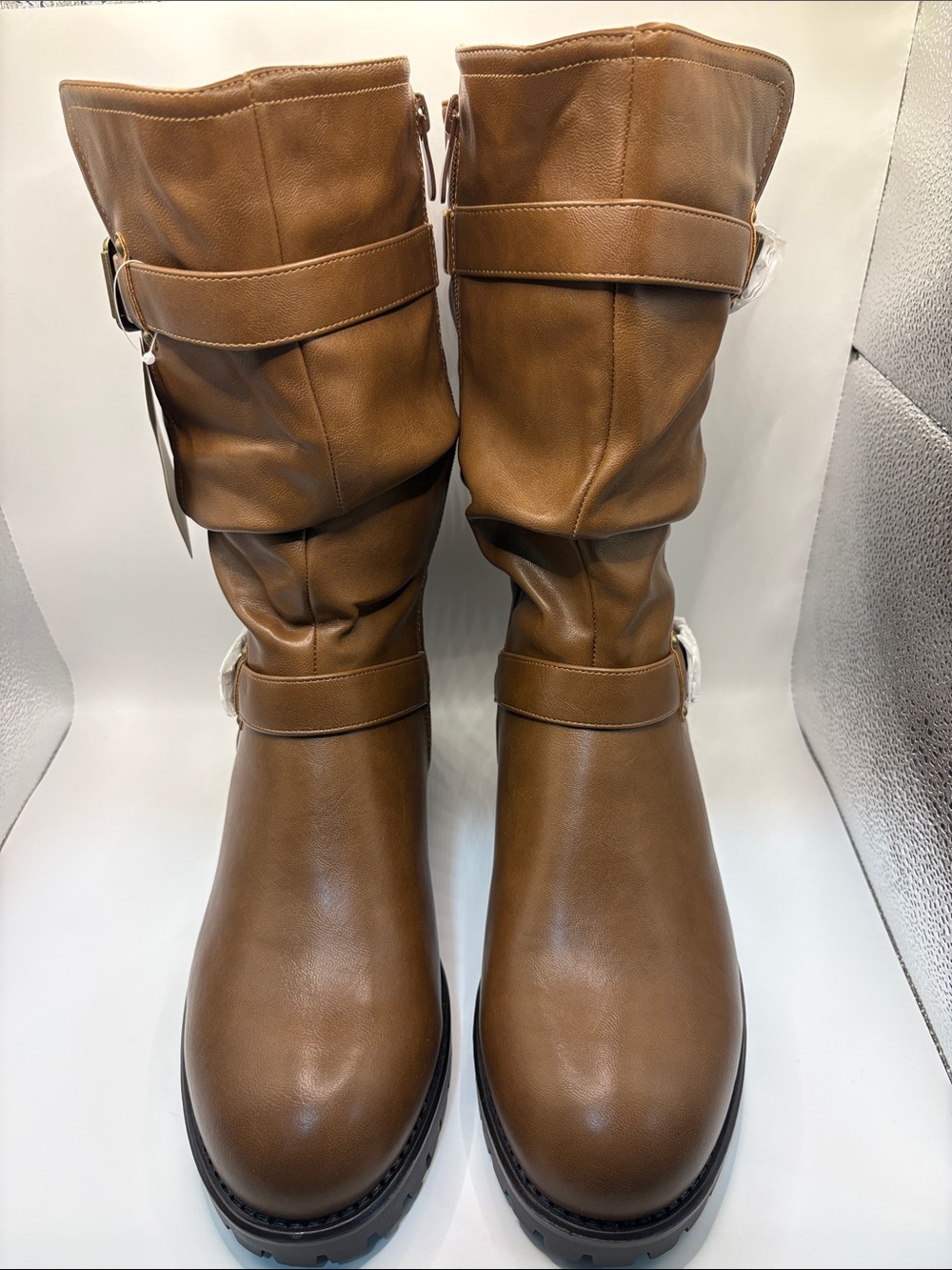 Tan Mid-Calf Slouch Heeled Boots with Buckle Strap - Women